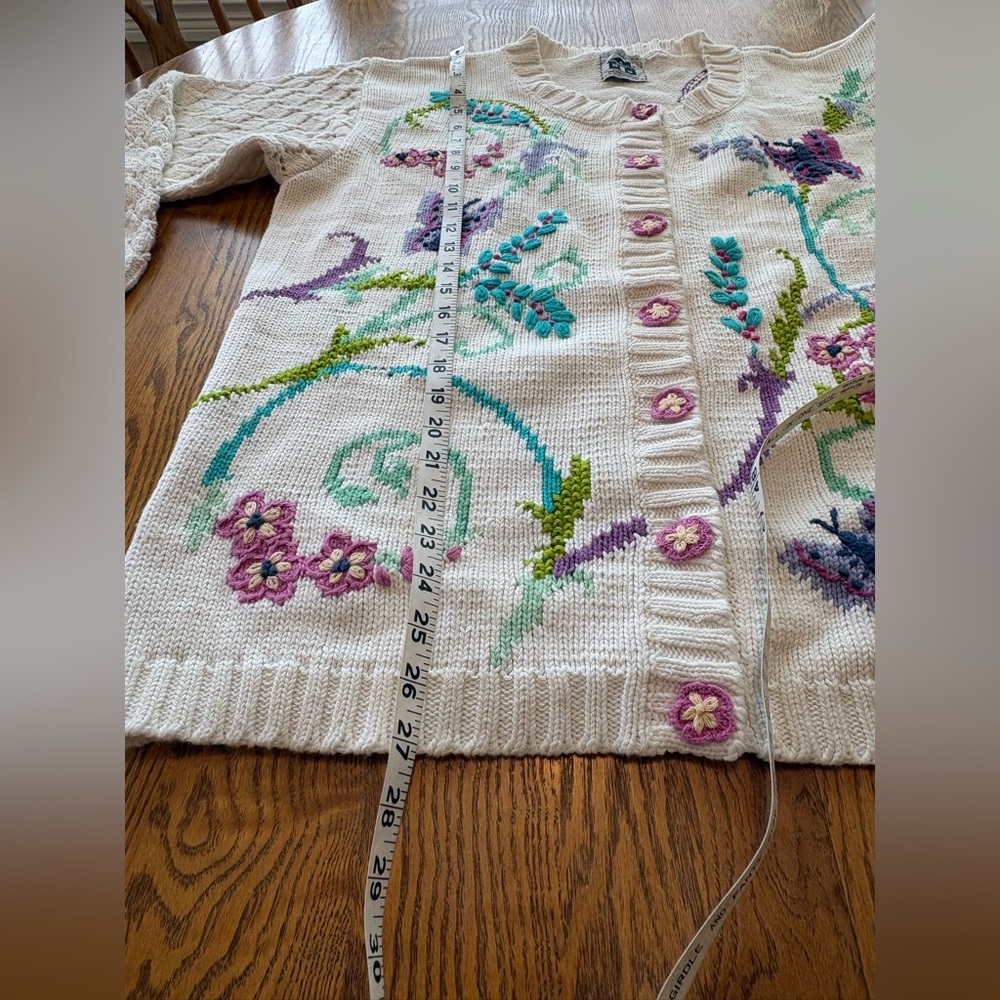 Storybook Knits Vintage Floral Butterfly Cardigan Crewel Embroidery Butterfly L - Picture 3 of 6